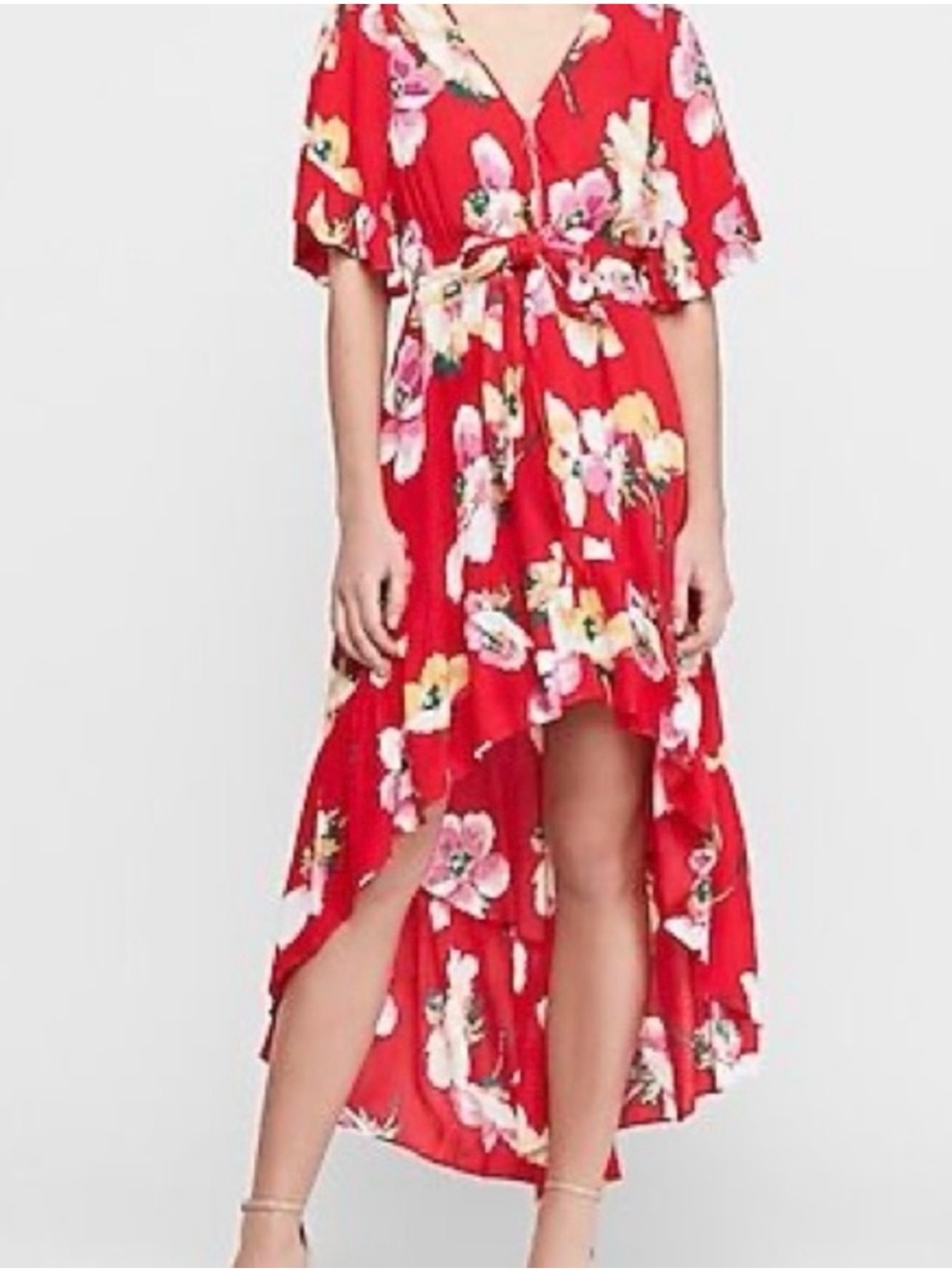Express Red Floral High-Low Wrap Dress